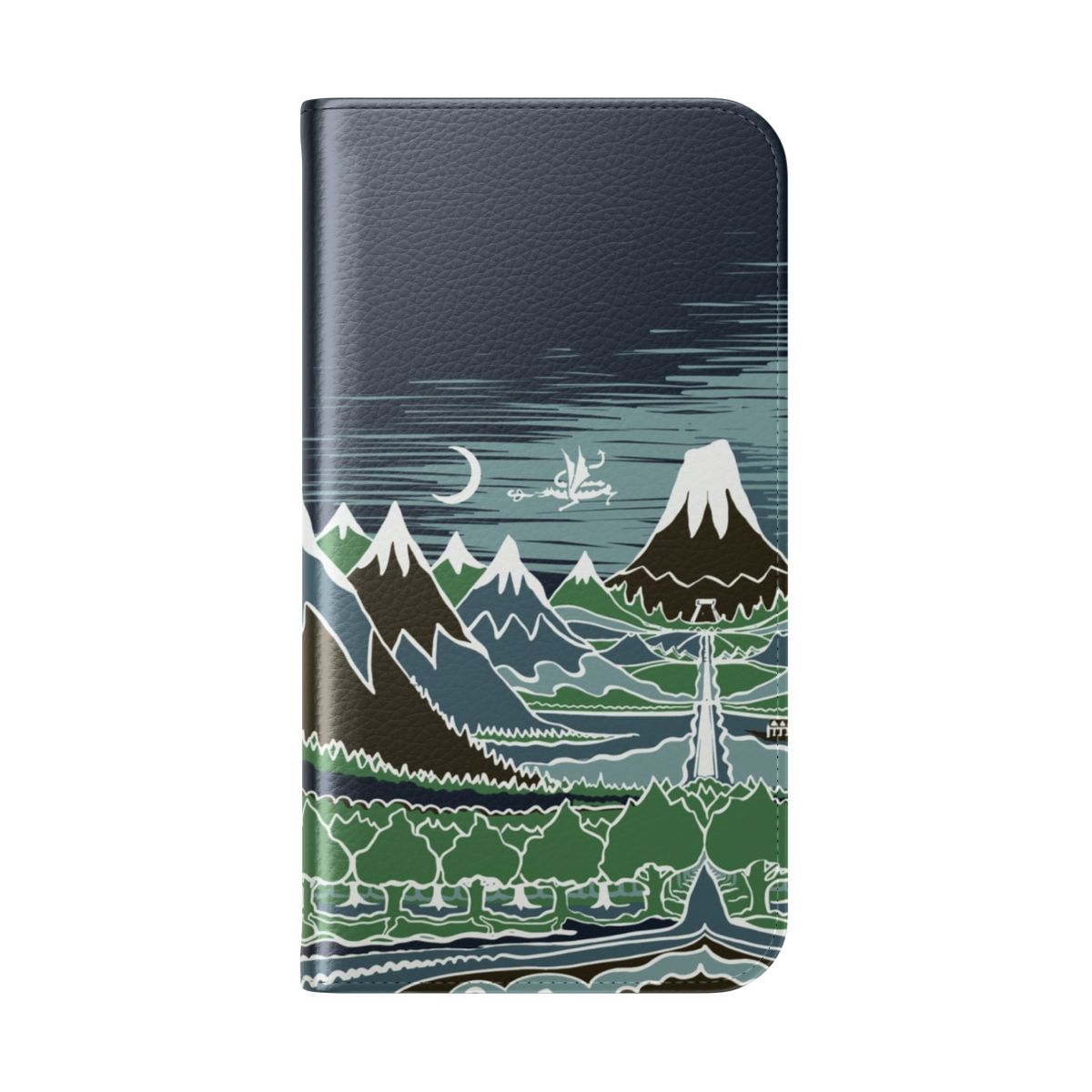 Flip phone case featuring a fantasy landscape inspired by J.R.R. Tolkien's The Hobbit and Lord of the Rings. - Folded Back