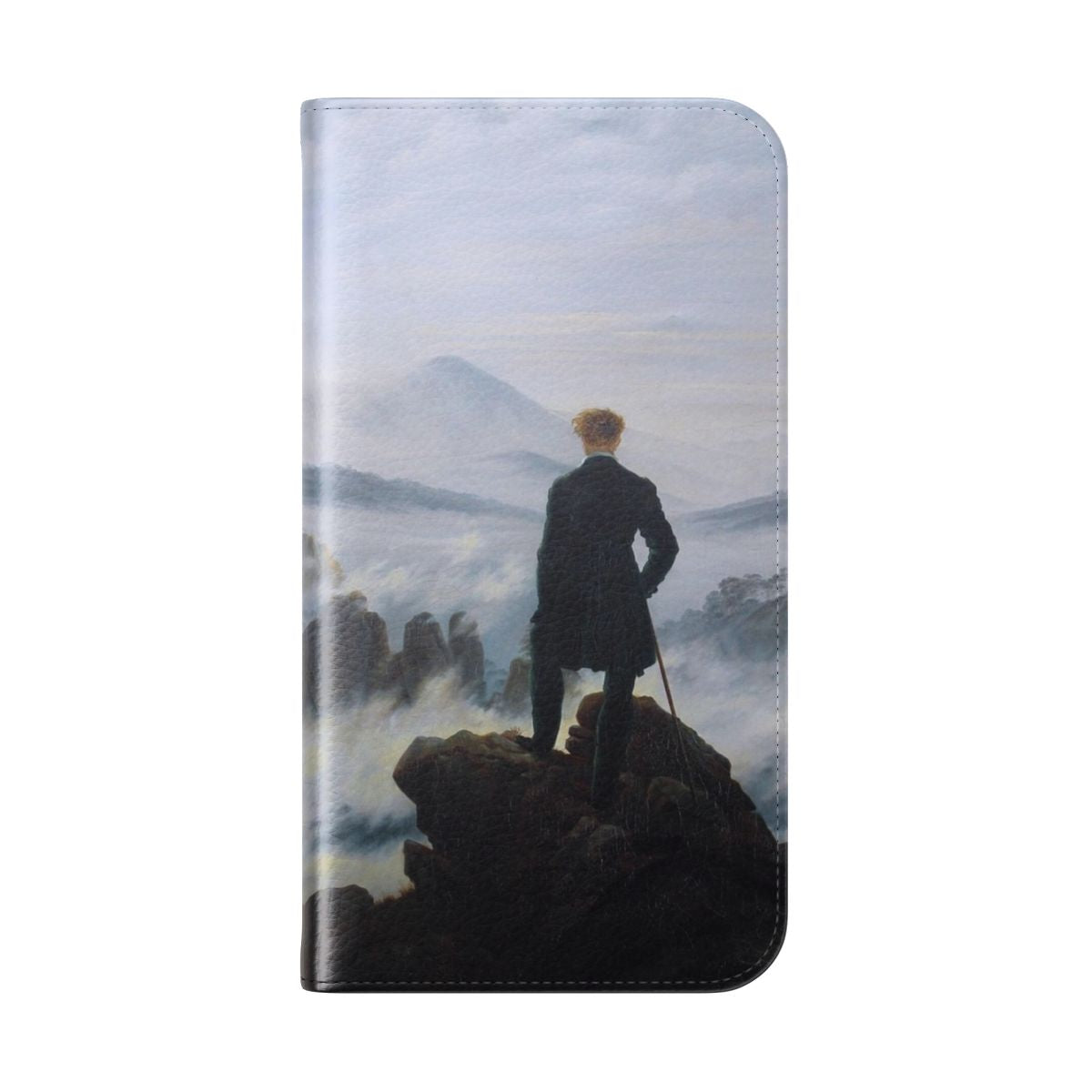 Artistic flip phone case featuring Caspar David Friedrich's famous oil painting "The Wanderer Above the Sea of Fog" - Folded Back