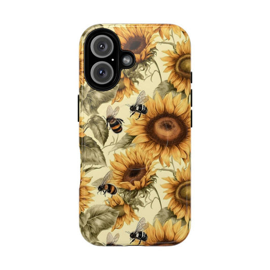 Vintage sunflower and bee floral pattern artwork on a magnetic phone case