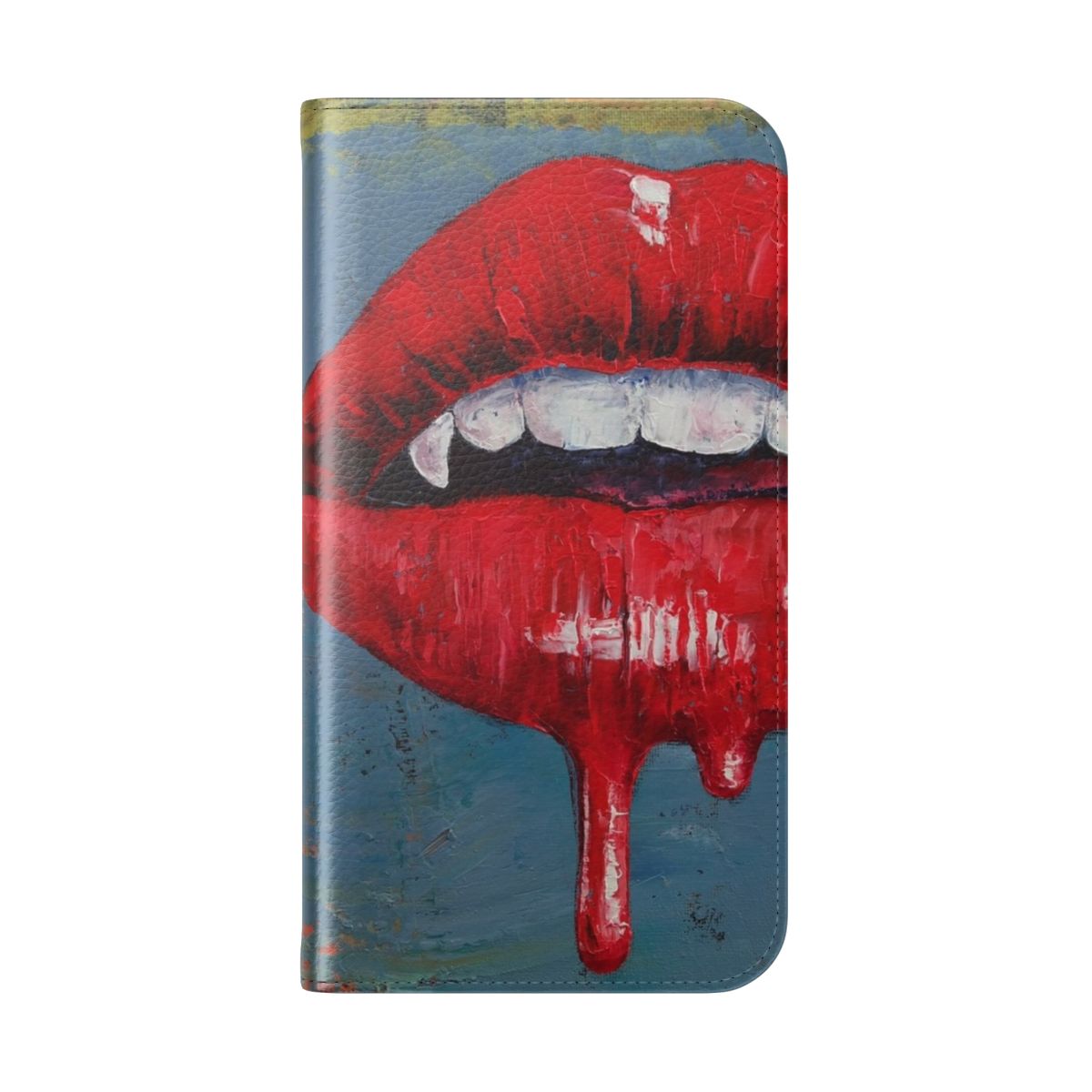 Vampire-inspired flip phone case with dripping blood and fangs - Folded Back