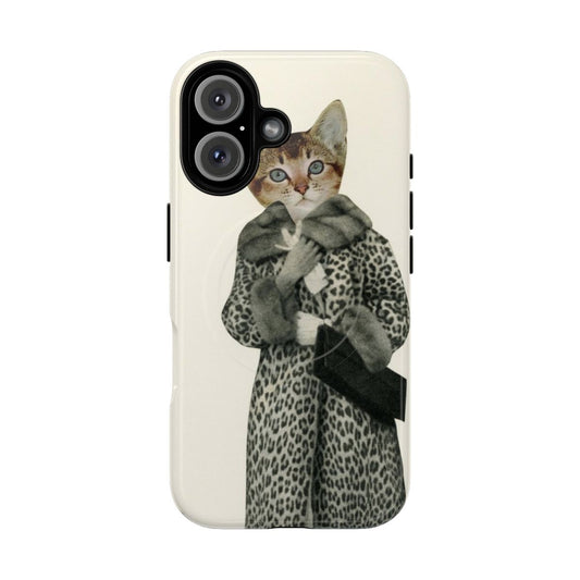 A whimsical phone case featuring a kitten dressed in a cat costume in a surreal, anthropomorphic style.