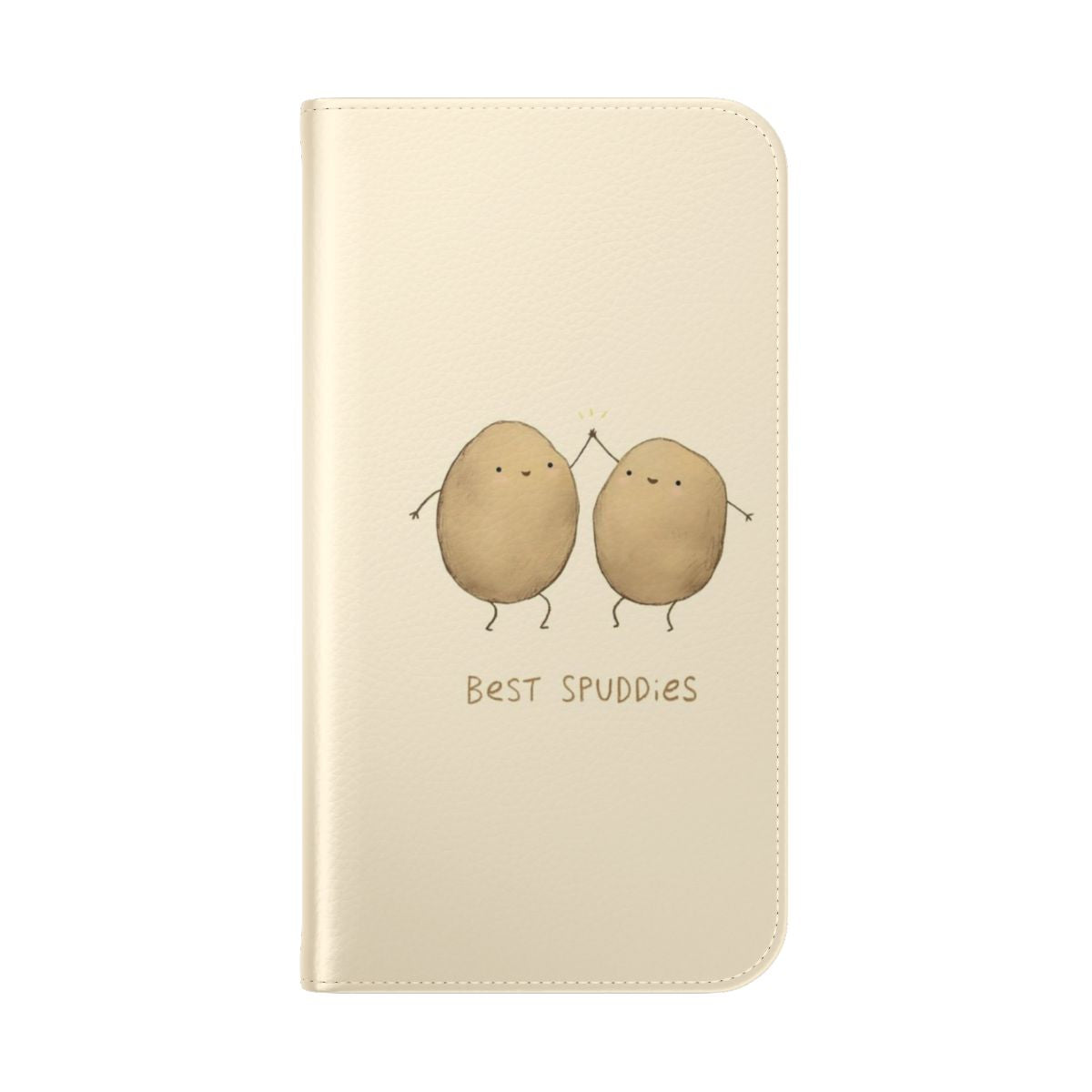 A colorful flip cover phone case featuring a playful potato-themed design. - Folded Back