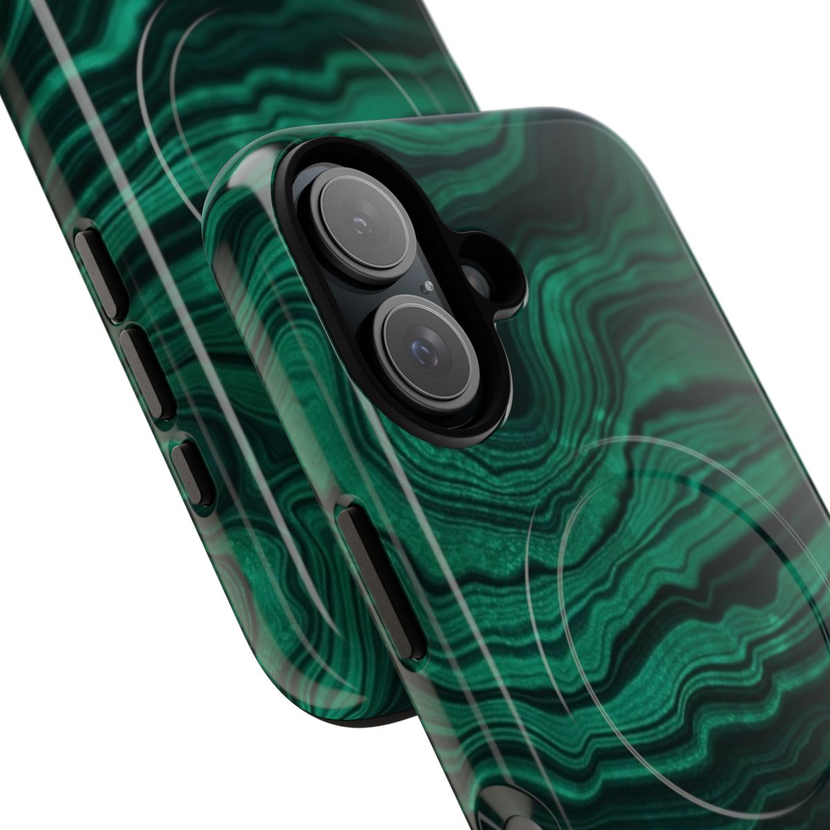 Faux malachite green marble with light veins texture on a magnetic tough phone case - Detail