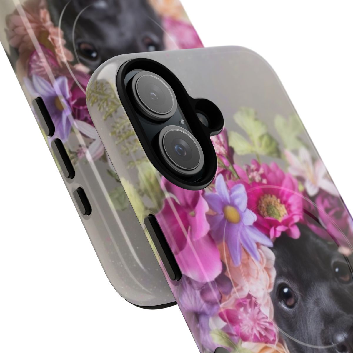 Magnetic tough phone case with floral design, featuring a pitbull in a flower crown. - Detail