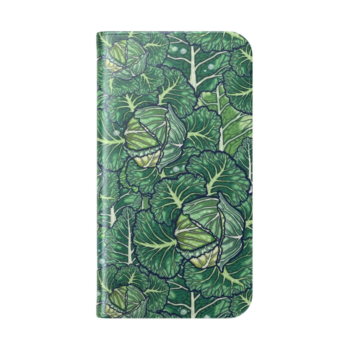 Flip cover phone case with a vibrant cabbage pattern. - Folded Back