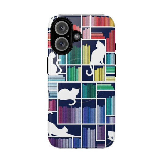 Magnetic tough phone case with a navy blue background, white bookshelf, and illustrated library cats