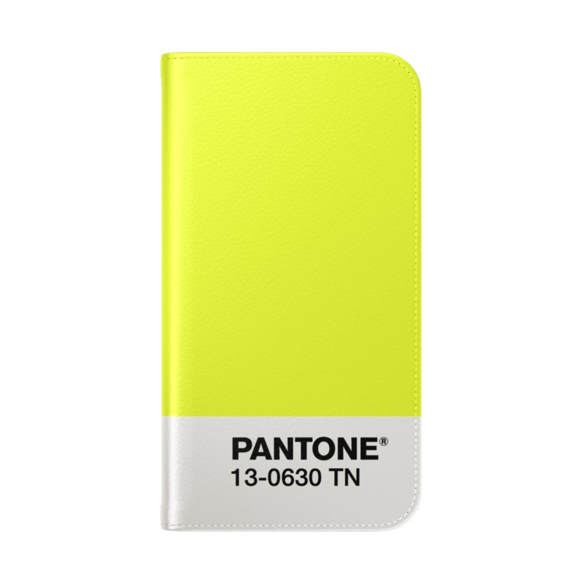 Bright yellow phone case with Pantone-style typography - Folded Back