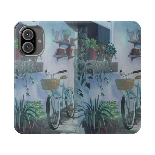 A high-quality flip cover phone case featuring a serene landscape design with rain, plants, and a cool, calming atmosphere.