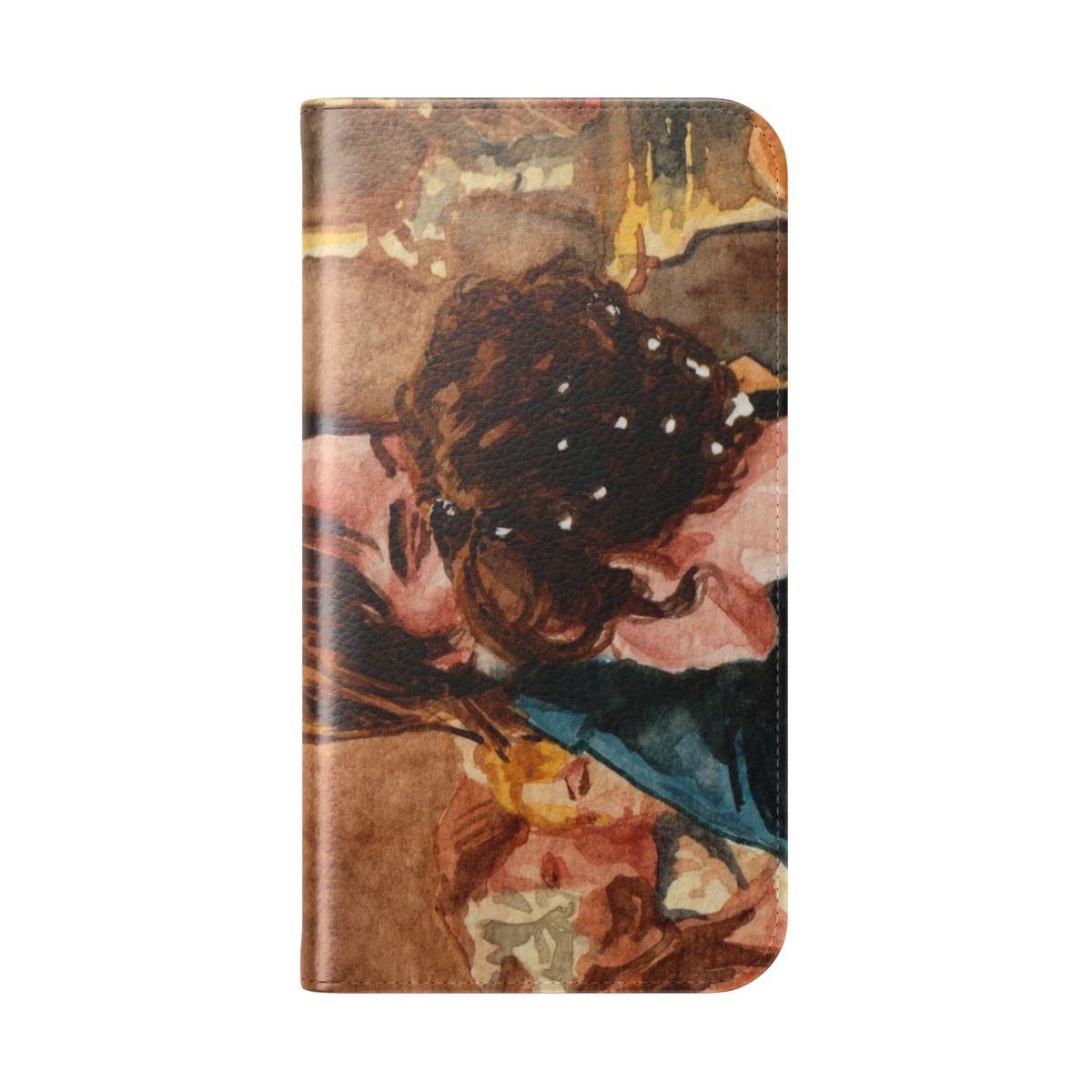 Flip cover phone case featuring a watercolor illustration inspired by Jane Austen's classic novel Pride and Prejudice. - Folded Back