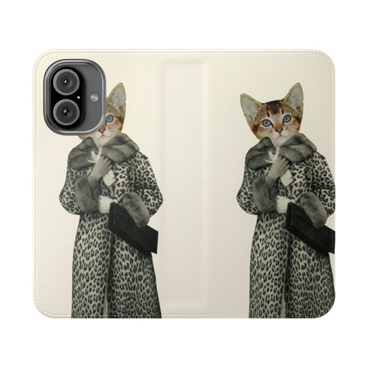 A flip phone case featuring an illustration of a kitten dressed up as a cat in a retro, surreal style.