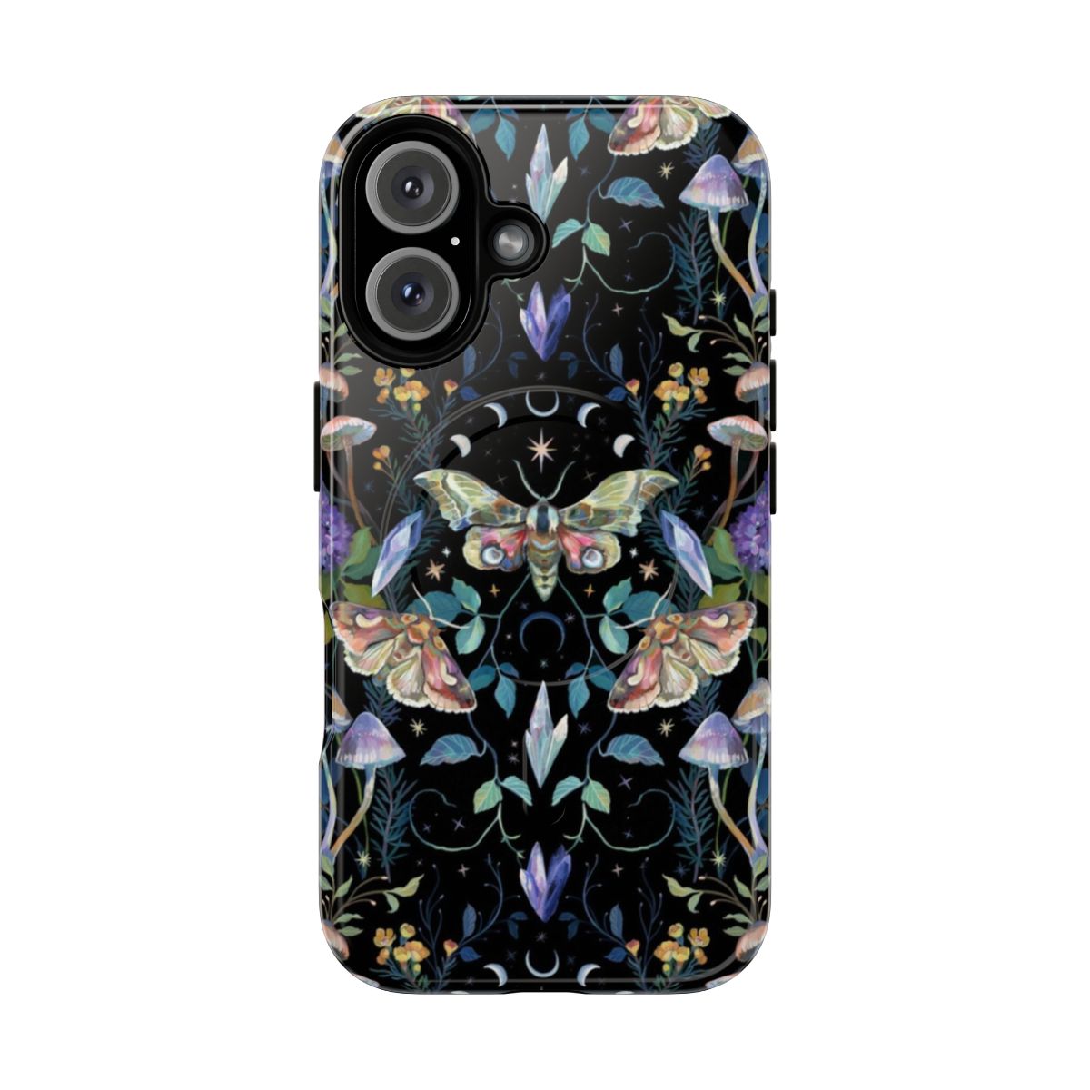 A crystal-embellished phone case featuring a mystical moth and mushroom design in a botanical, gouache style.