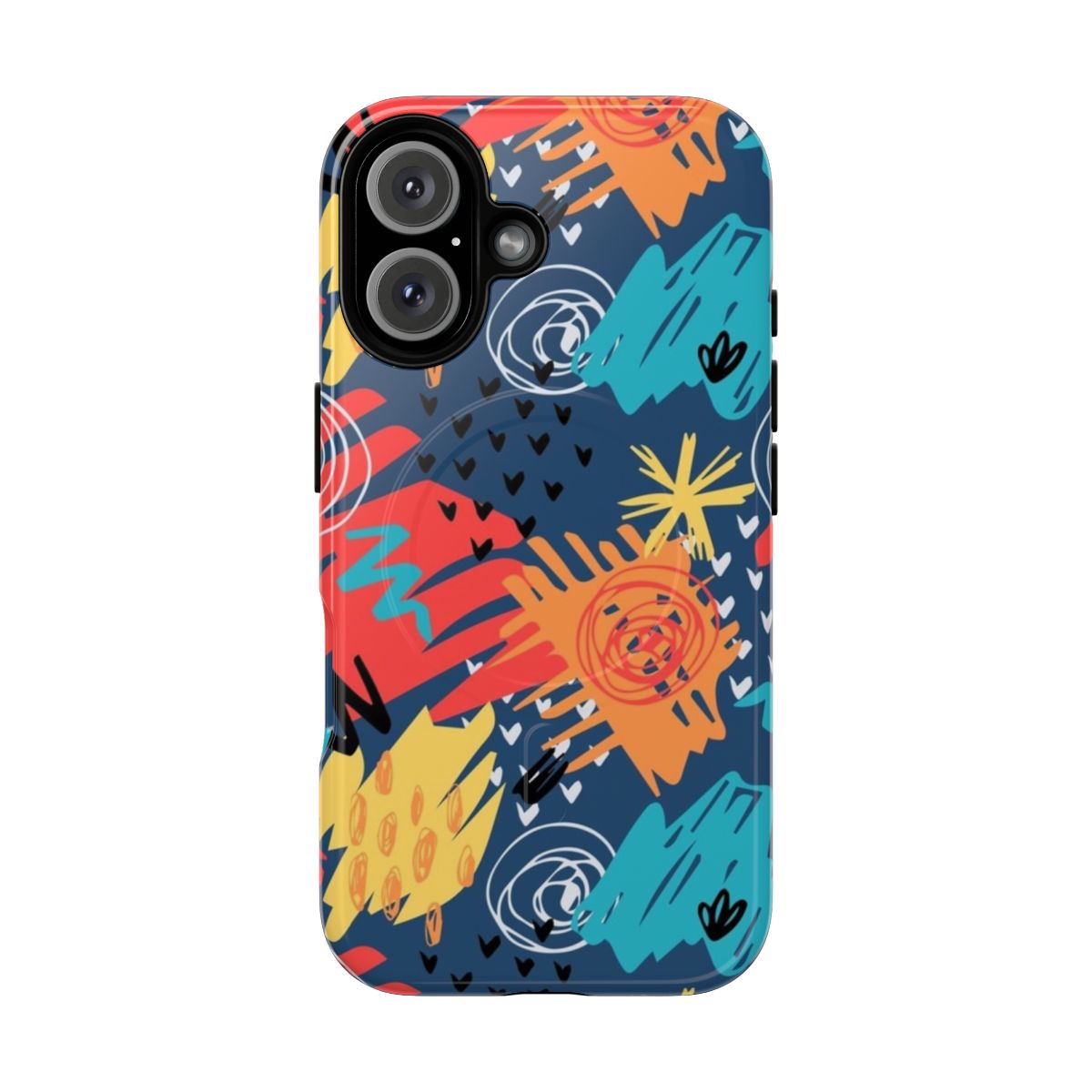 A phone case with an abstract art design in blue and red colors, featuring a hand-drawn style and textured surface.