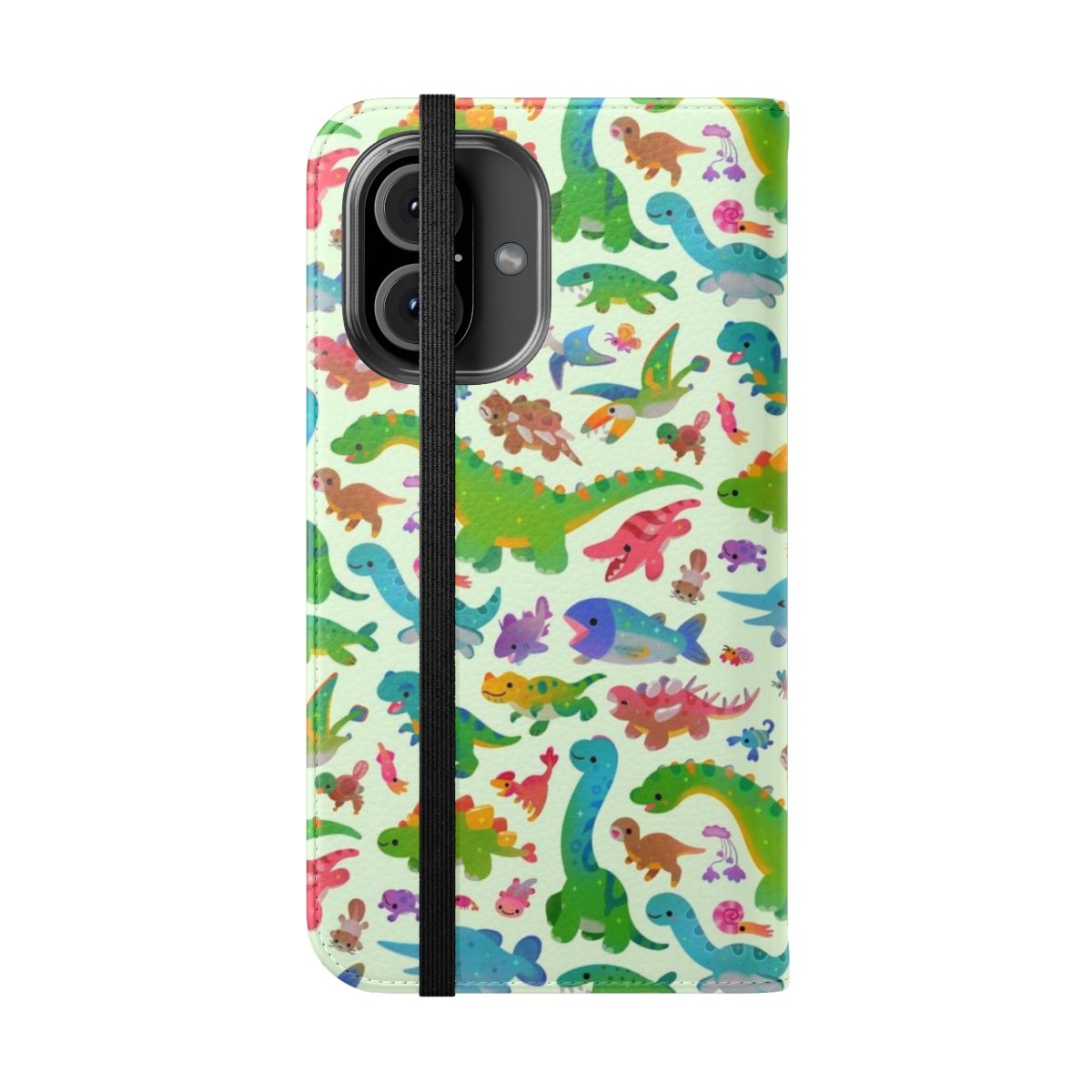 Pastel-colored dinosaur-themed flip cover phone case - Folded Front