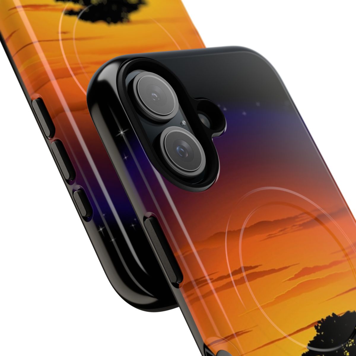 Phone case featuring a vibrant African savanna sunset landscape with wild animals silhouetted against the sky. - Detail