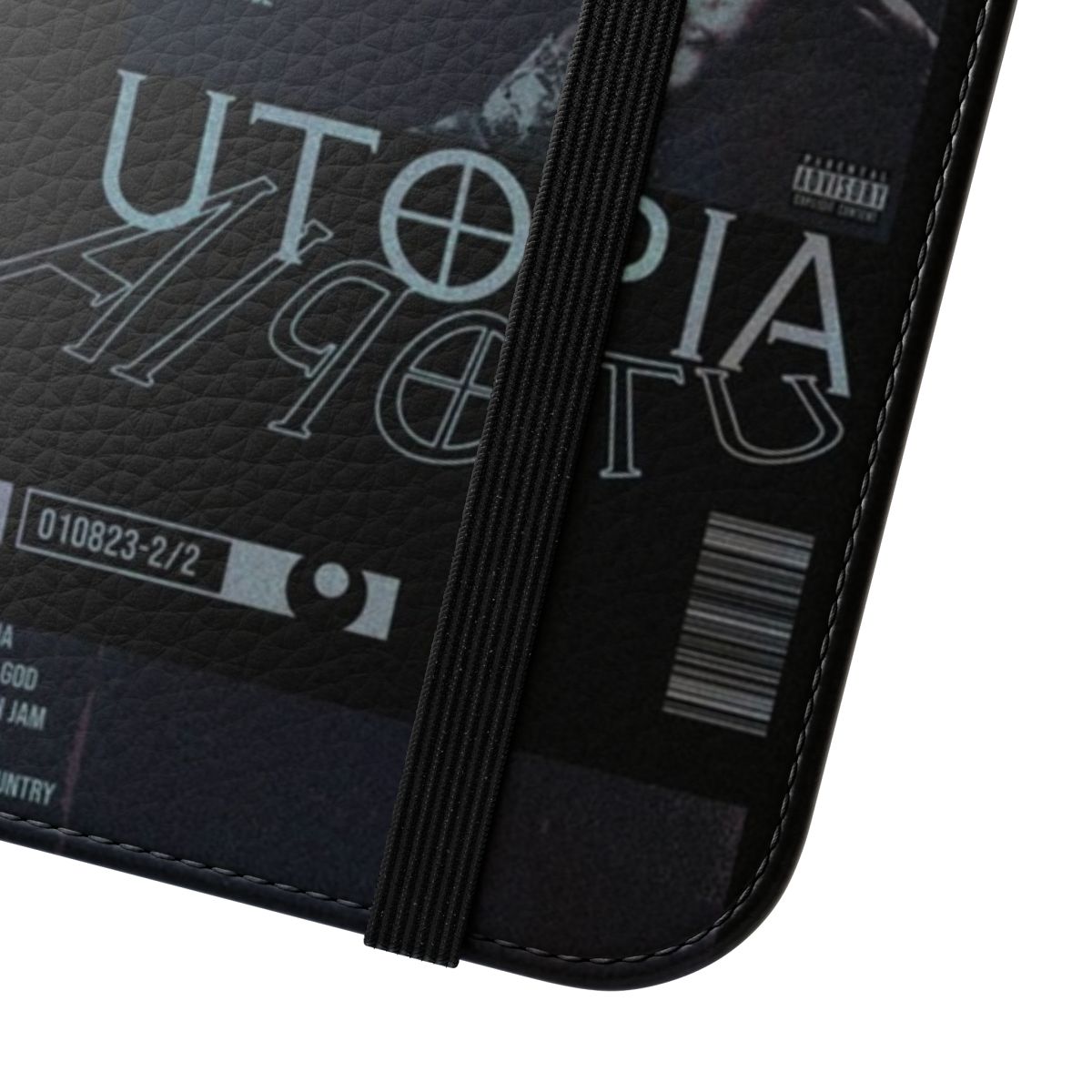 Sleek black flip cover phone case with a grunge and urban aesthetic design - Close Up