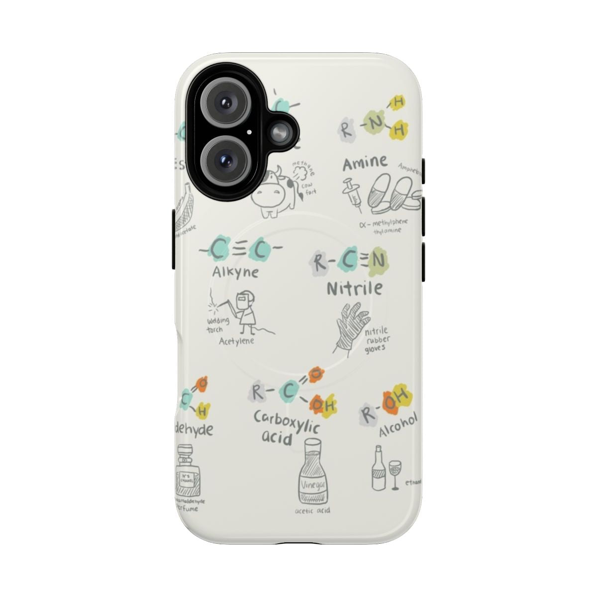 Phone case featuring detailed molecular structures and chemical diagrams