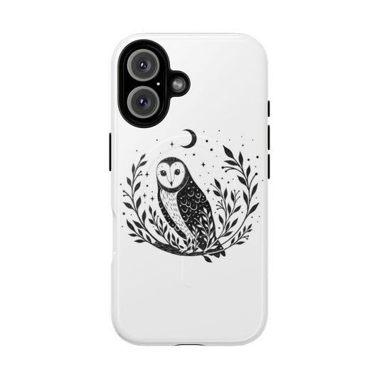 Stylish black and white phone case featuring an enchanting owl design against a moonlit backdrop.