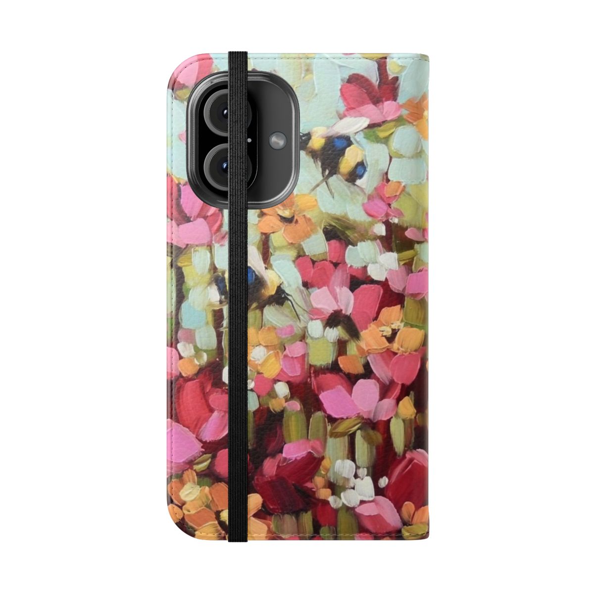 Vibrant flip cover phone case featuring a design of bumblebees and flowers - Folded Front