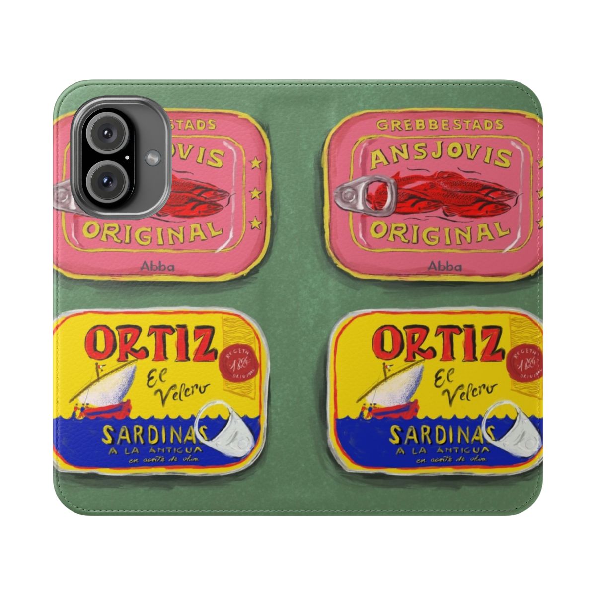 Colorful painting of seafood tins and tinned fish on a flip cover phone case