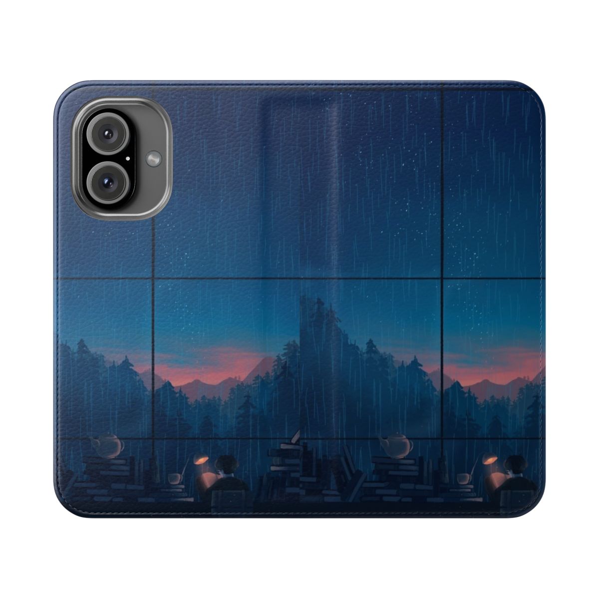 Flip cover phone case with a scenic nature photography image of mountains, fog, and sunrise/sunset