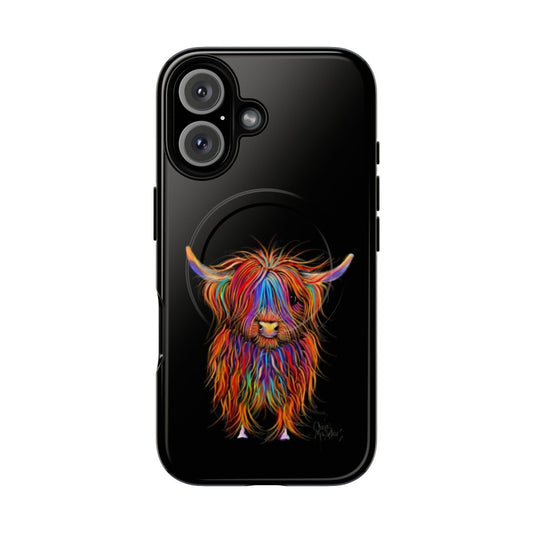 Colorful painting of a ginger highland cow named Pumphrey on a magnetic phone case.