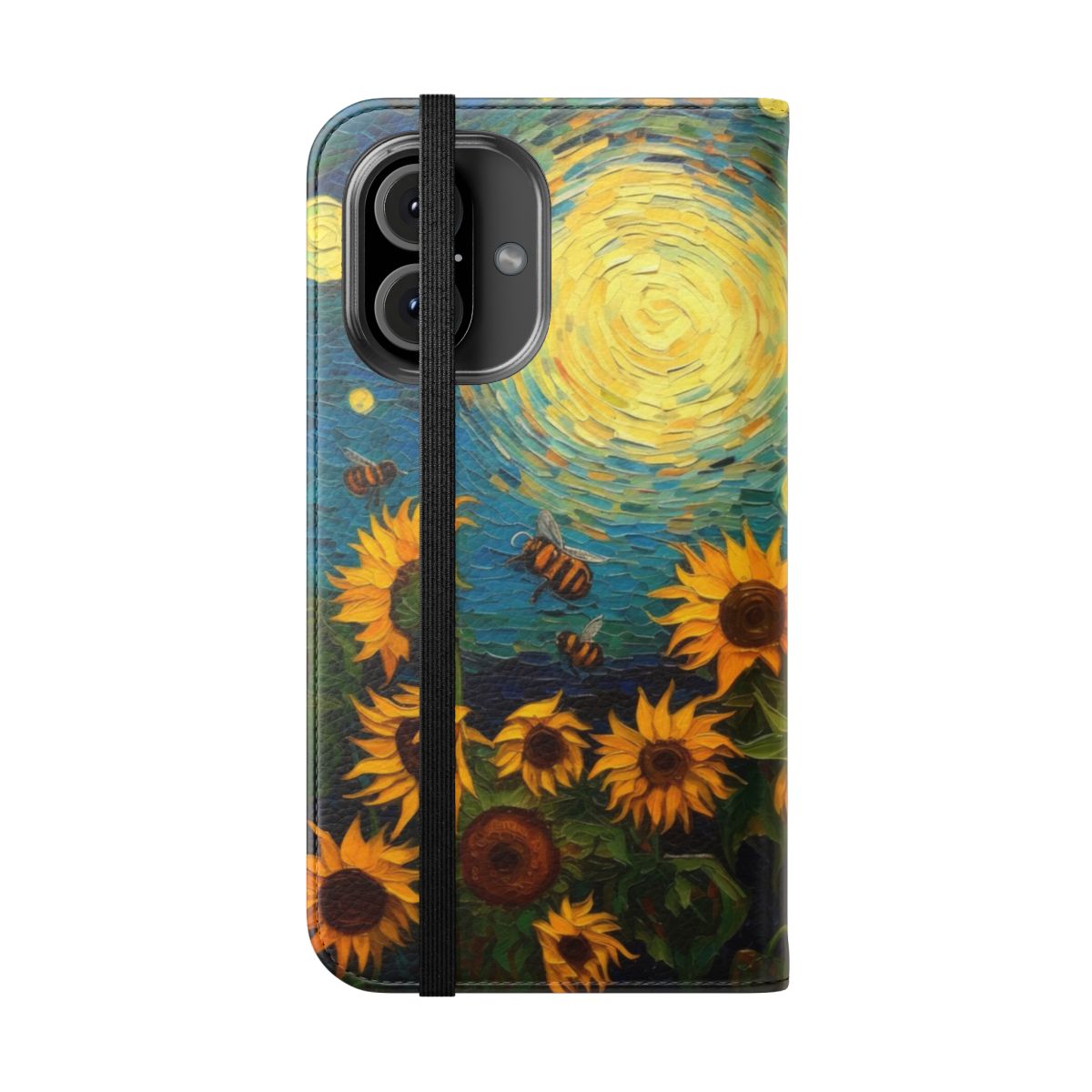 Flip cover phone case with a picturesque oil painting-style design featuring sunflowers and bees. - Folded Front