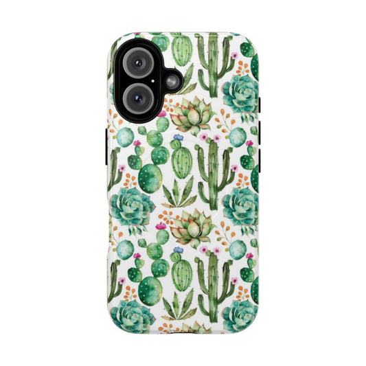 Watercolor cactus pattern phone case with magnetic closure and impact-resistant design