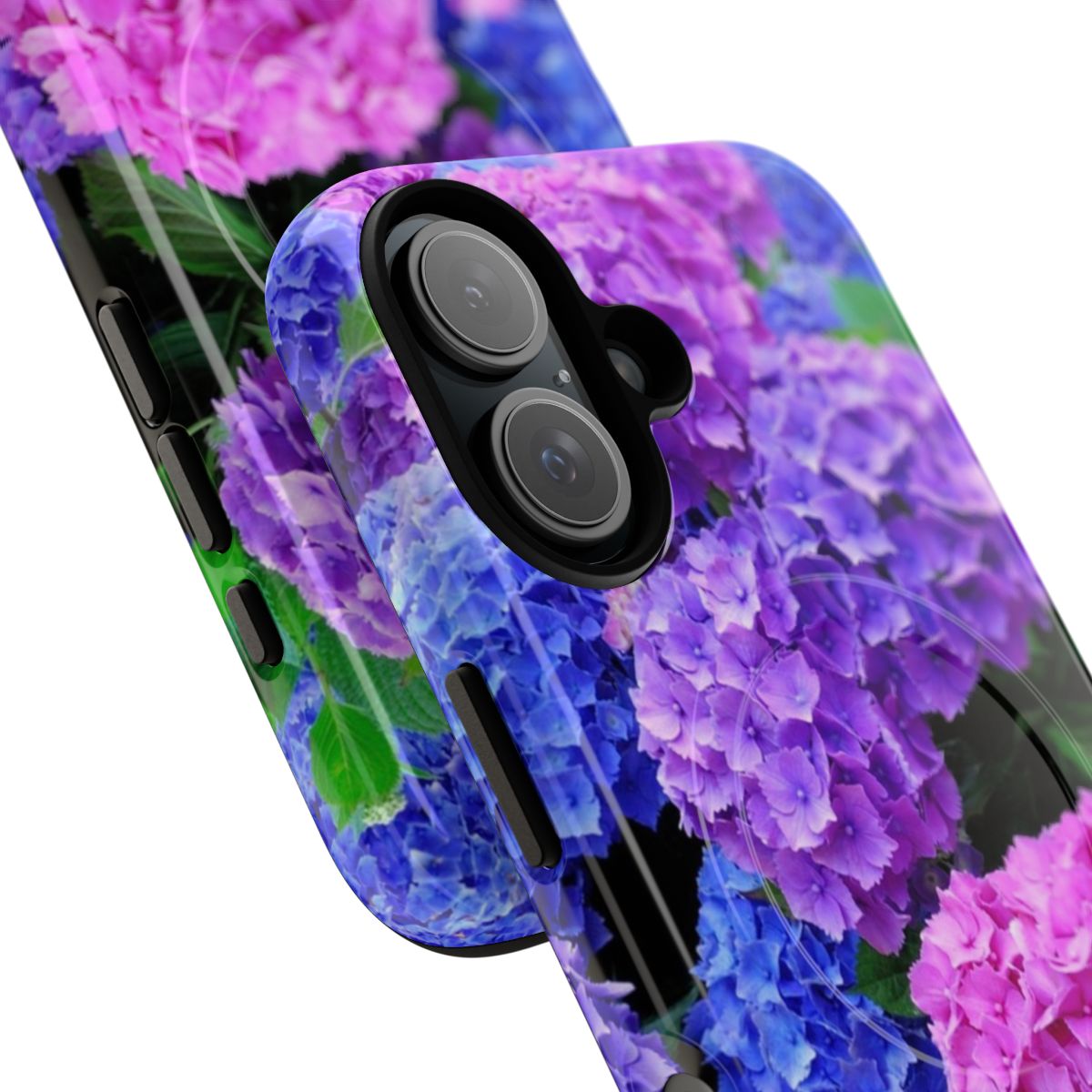 Closeup of beautiful purple and pink hydrangea flowers on a phone case - Detail