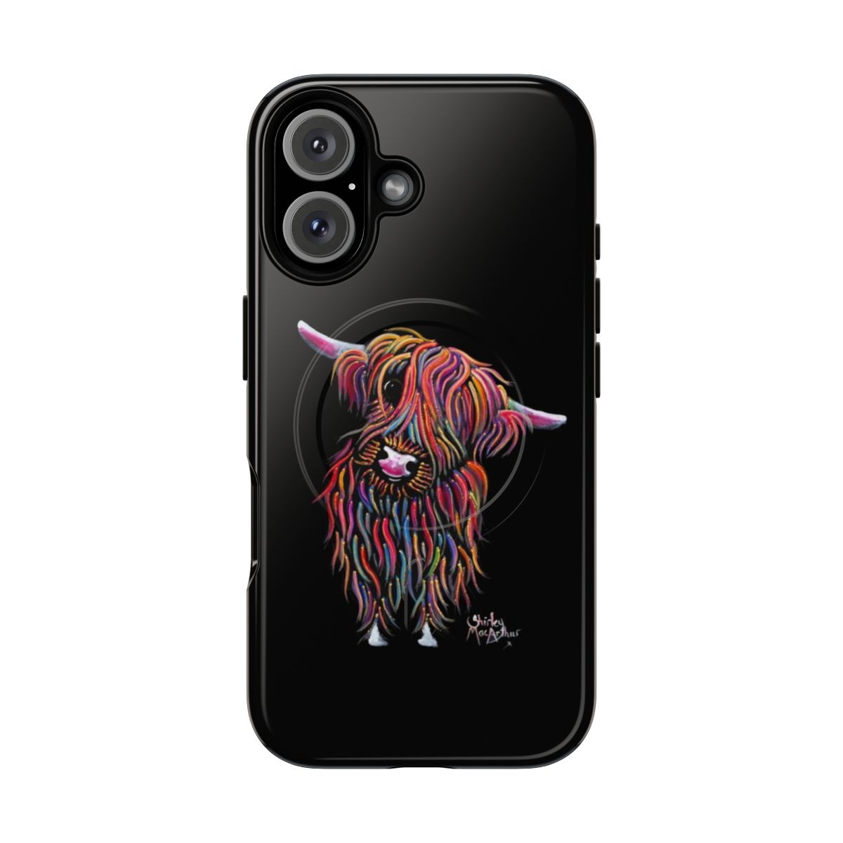 A stylish and durable phone case featuring a painting of a Scottish Highland Cow named 'BoLLY' by artist Shirley MacArthur.