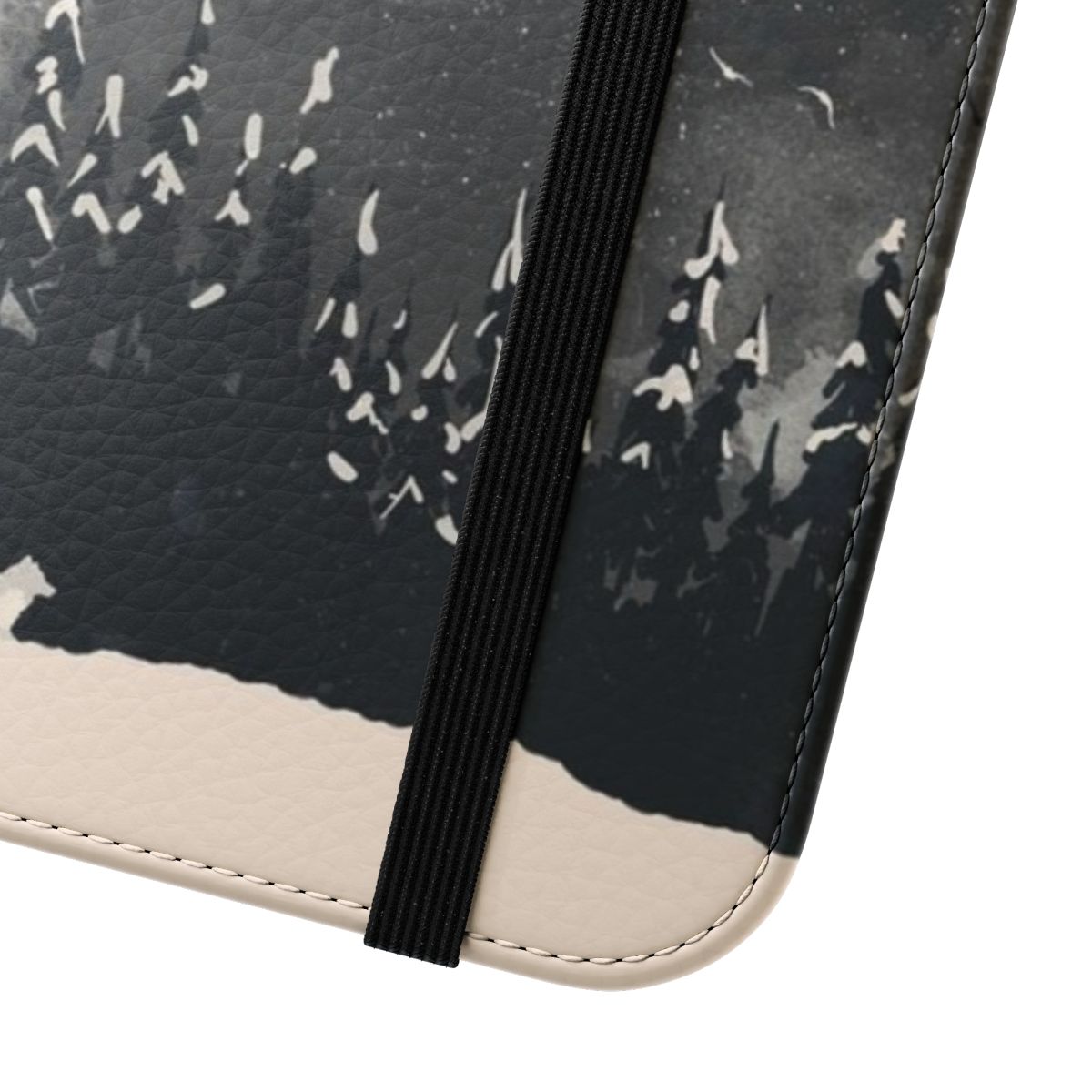 Image of a flip cover phone case with a wolf design against a snowy mountain landscape - Close Up