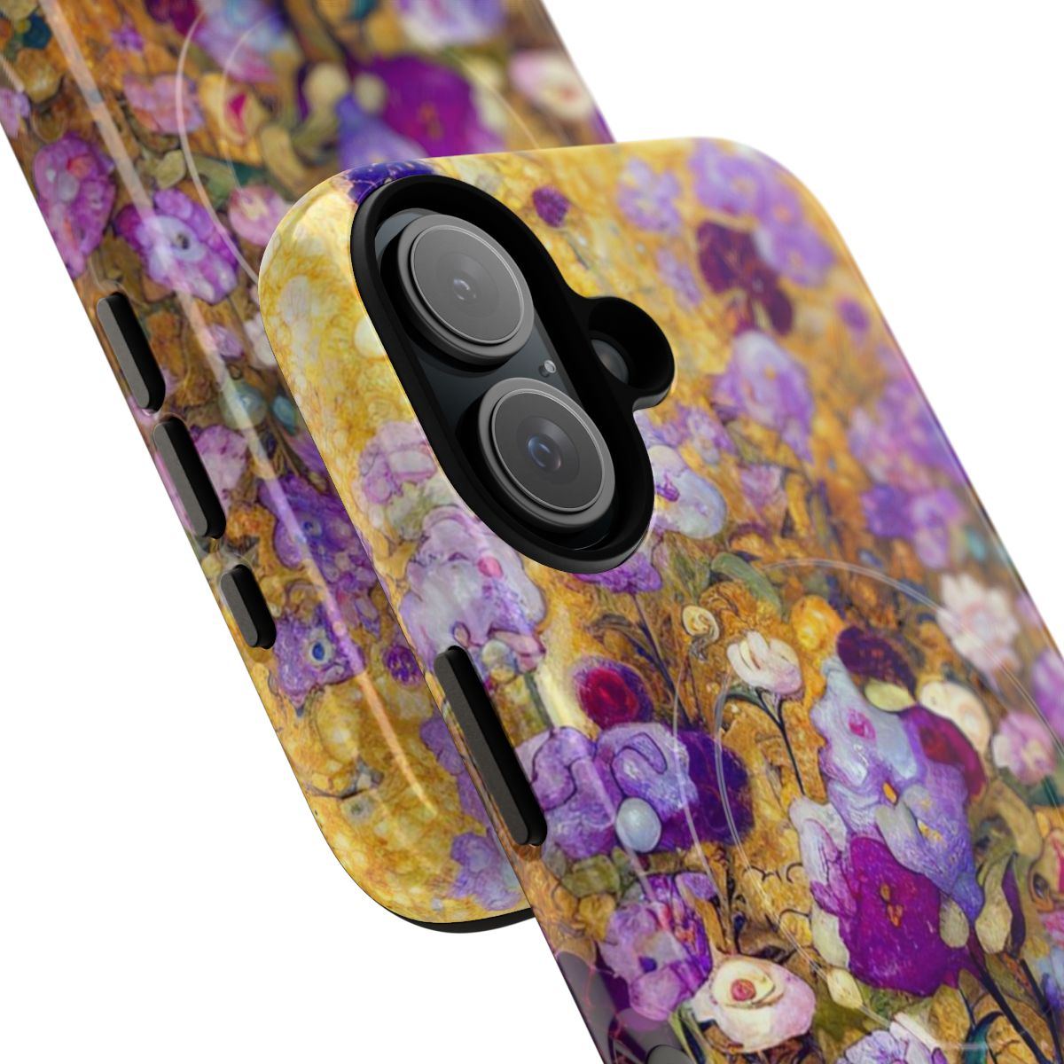 Vibrant purple and gold floral phone case inspired by the artwork of Gustav Klimt - Detail