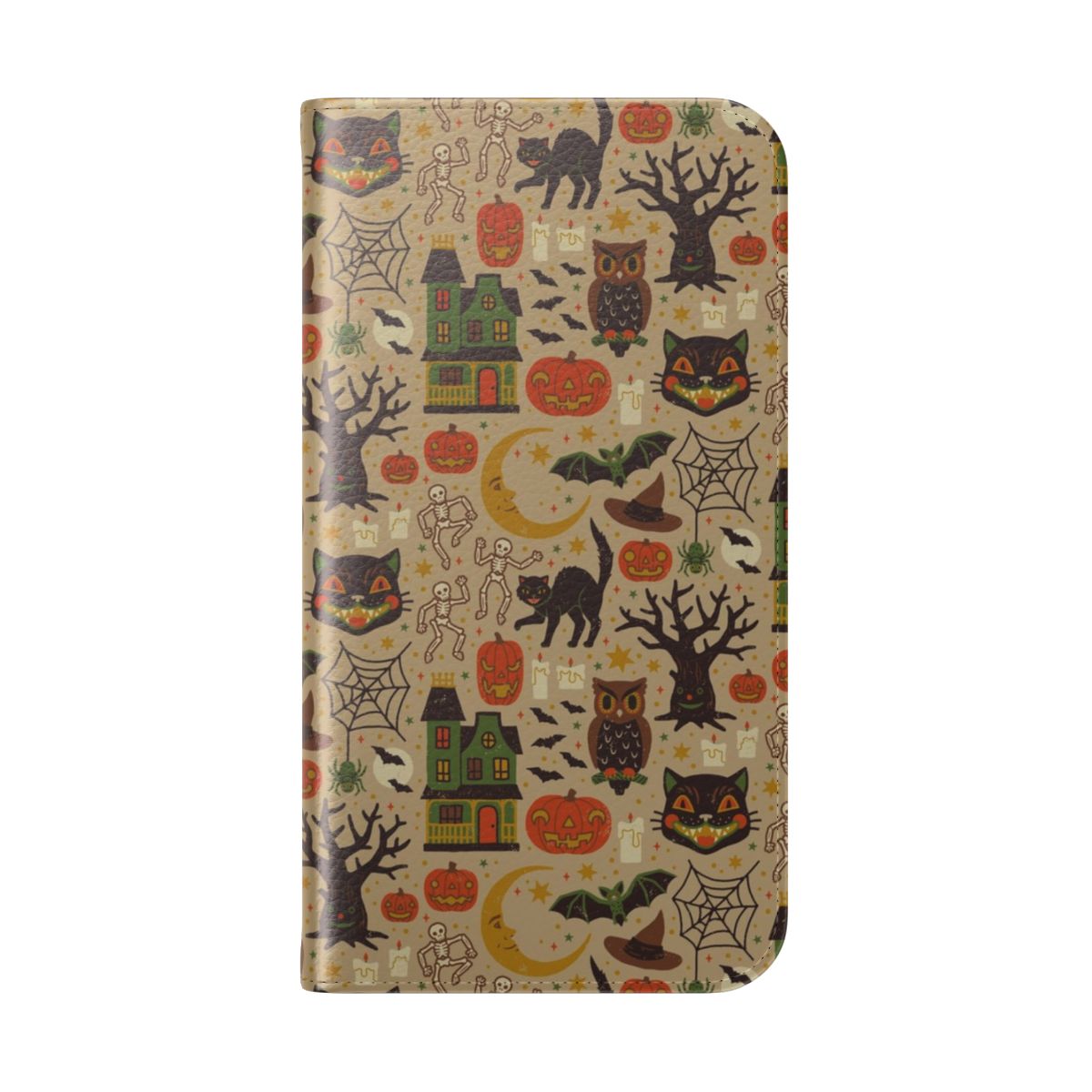 Vintage-inspired Halloween-themed phone case cover featuring black cats, owls, bats, and other spooky elements. - Folded Back