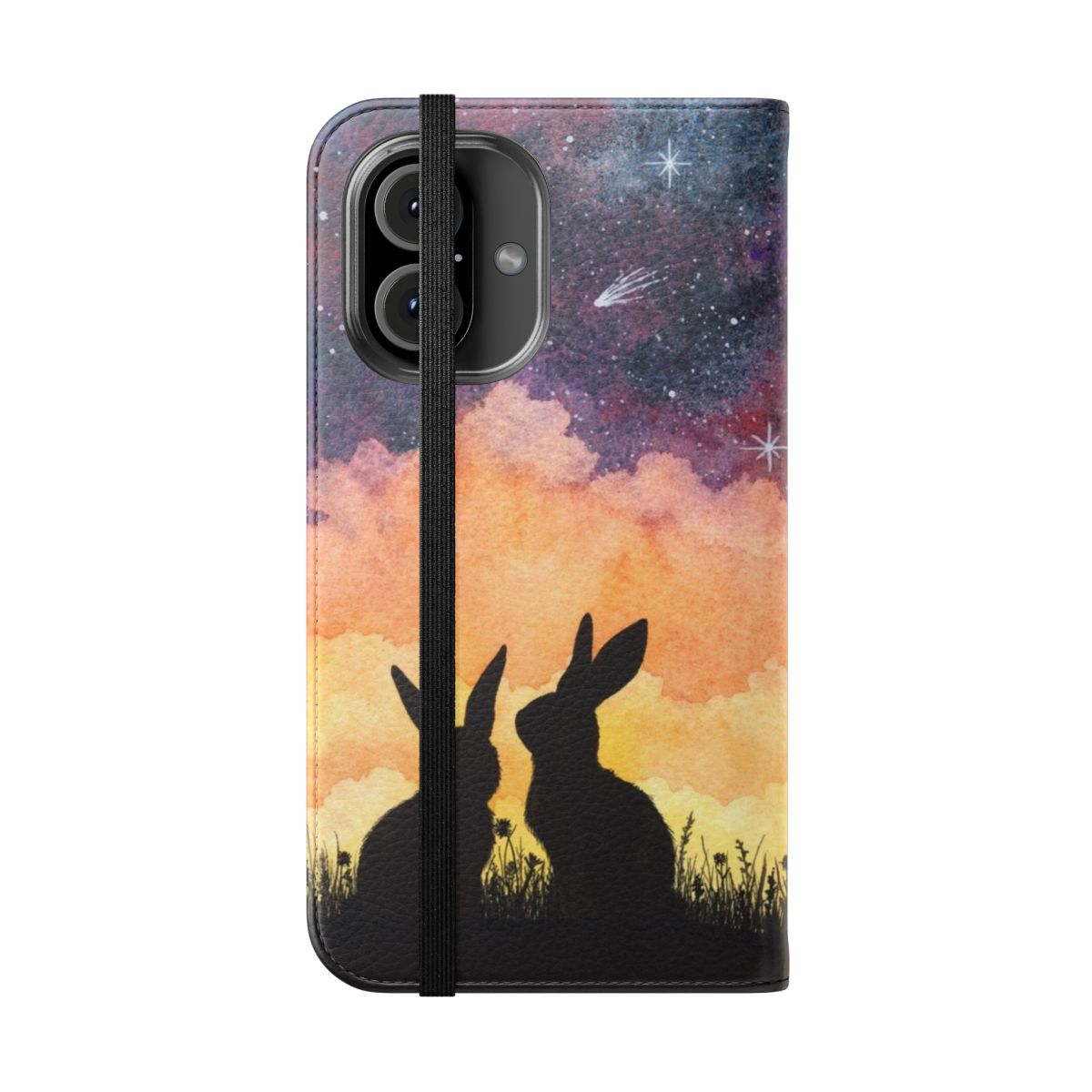 Watercolor illustration of a rabbit or bunny silhouette against a starry, cosmic background on a flip phone case. - Folded Front