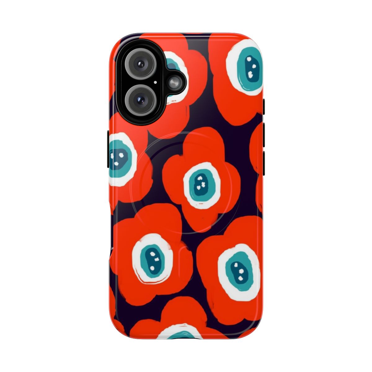 Close-up of a modern, minimalist phone case with a bold blue and red floral pattern.