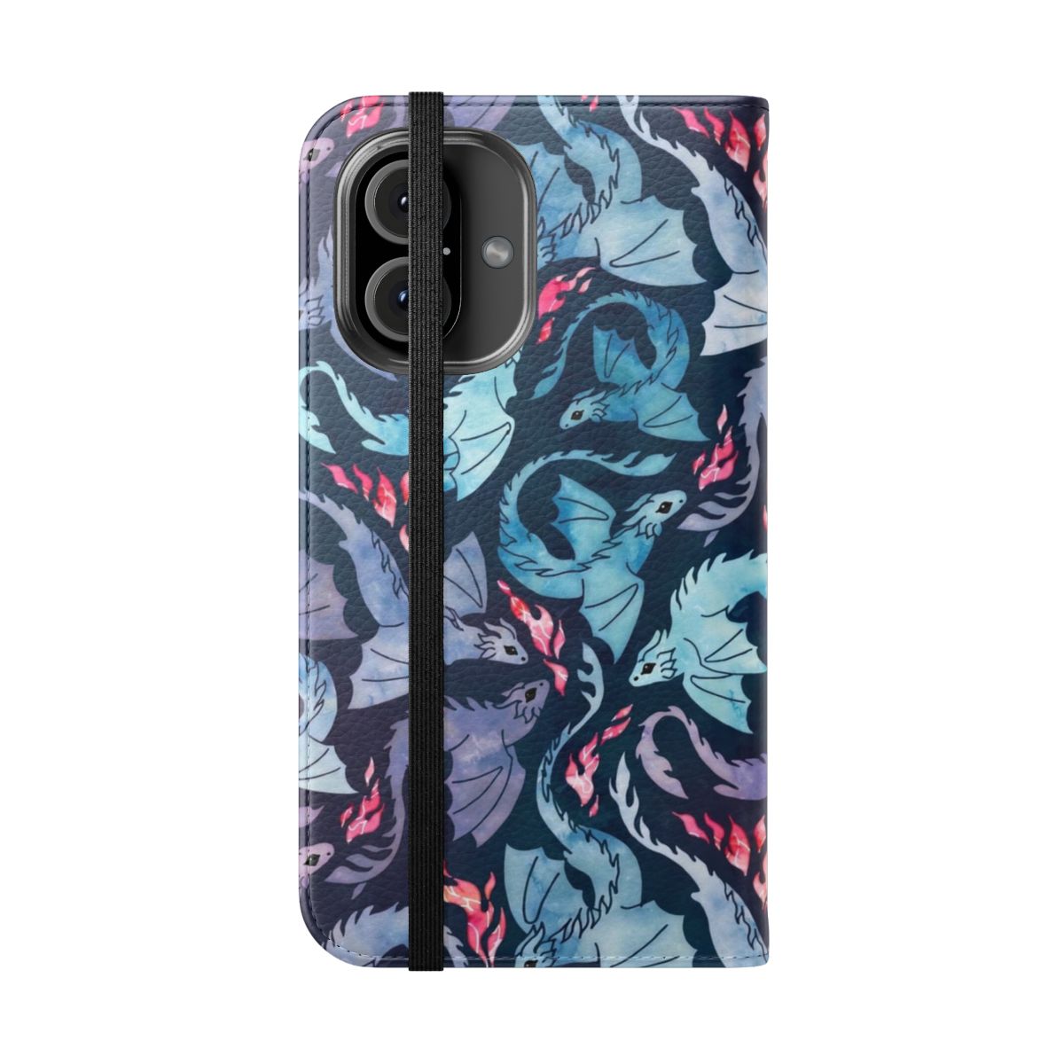 Turquoise and purple watercolor-style fantasy dragon design on a phone case - Folded Front