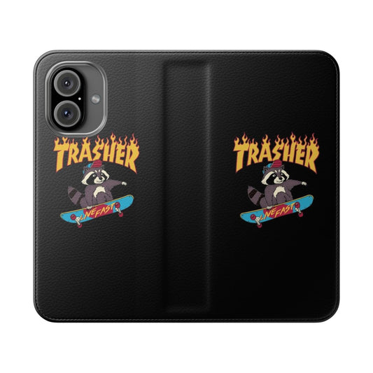 Retro skate inspired flip cover phone case with raccoon and trash design