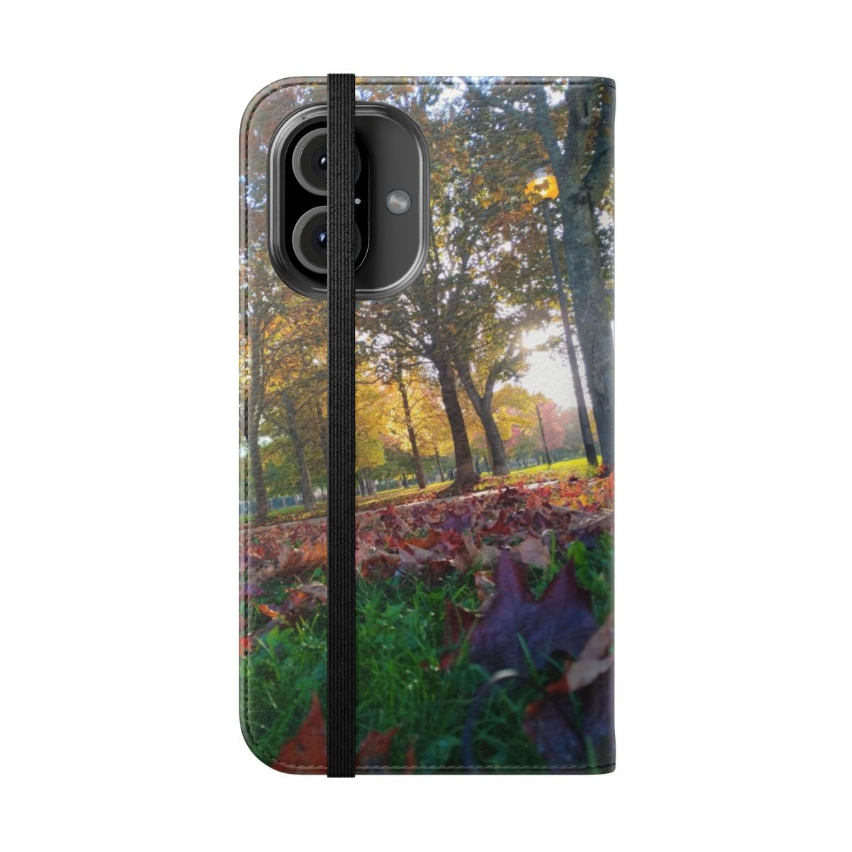 Autumn landscape phone case featuring a vibrant fall foliage design - Folded Front