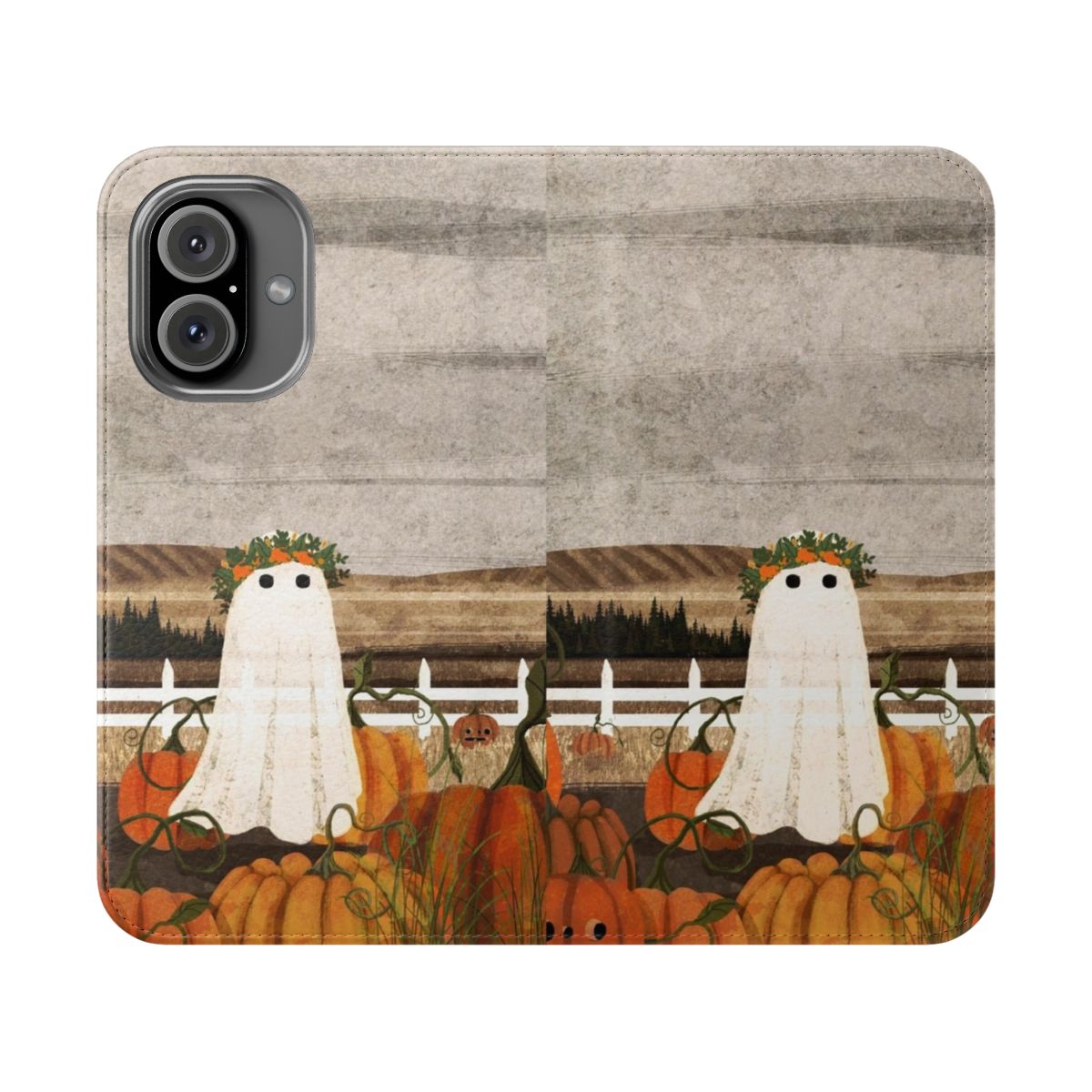 Flip cover phone case with a vintage style illustration of a haunted pumpkin patch scene