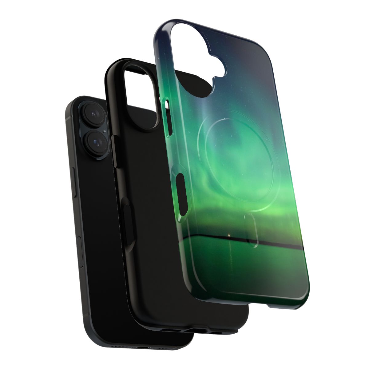 A phone case featuring a vibrant northern lights and campfire design, perfect for nature and travel enthusiasts. - Layers