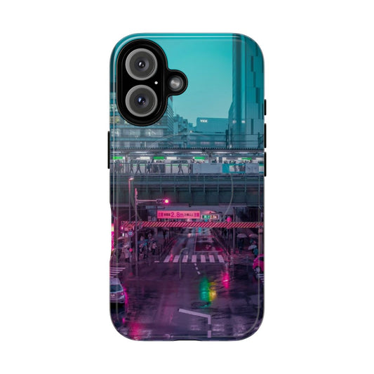 Neon-lit cityscape of Neo Tokyo on a magnetic tough phone case