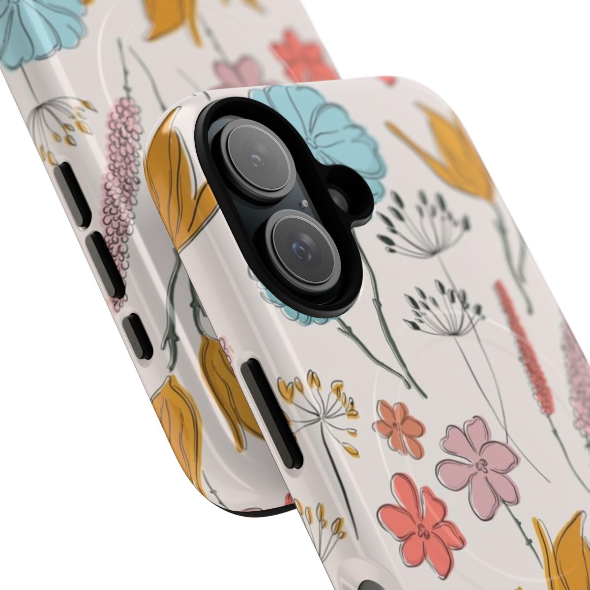 Close-up of a colorful summer flower print phone case. - Detail