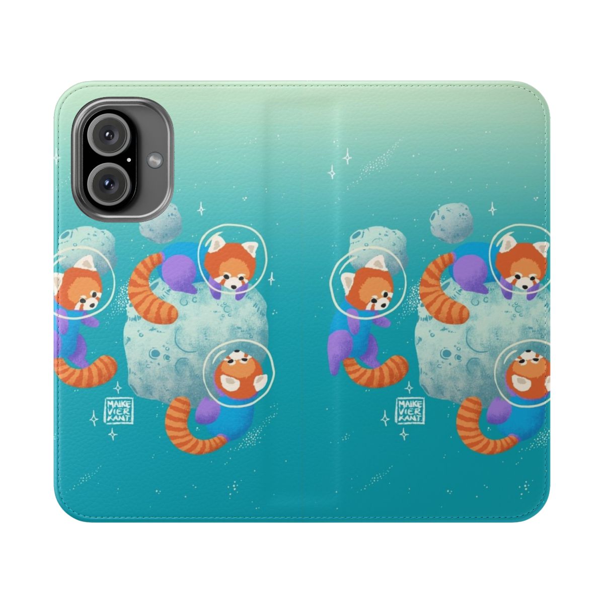 Colorful phone case design featuring a cute red panda in a pastel space landscape