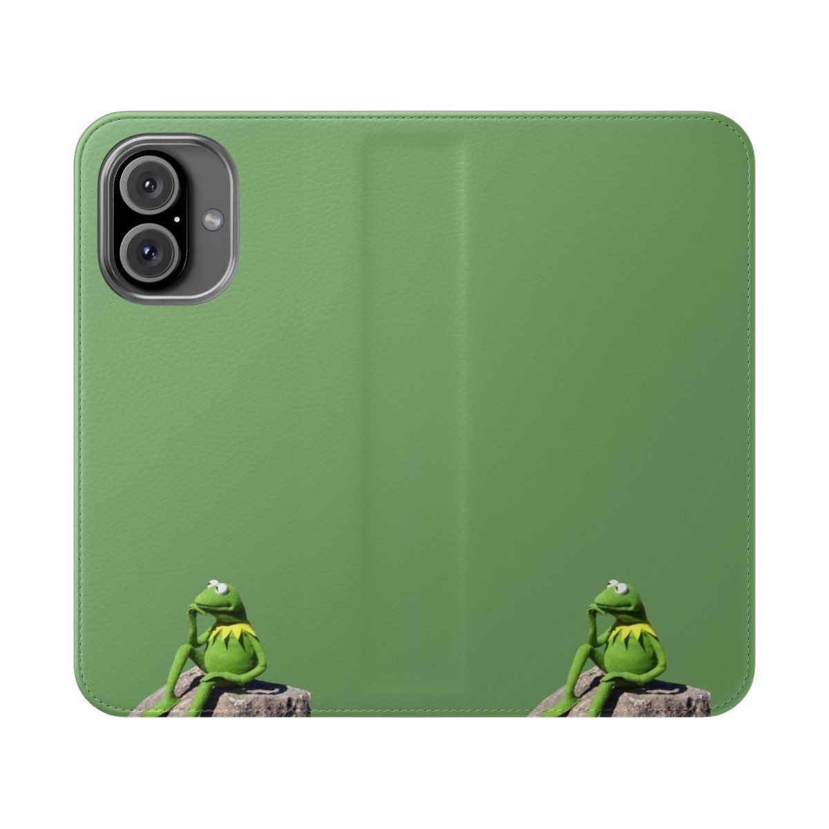 Green meme-inspired flip phone case with an illustration of Kermit the Frog in a "thinking" pose