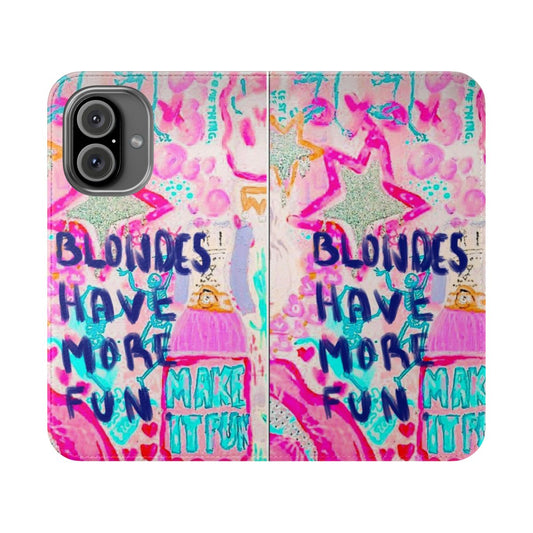 Stylish pink flip phone case with a fun, girly design for blonde users