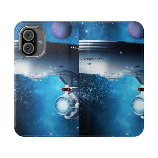 Retro sci-fi flip cover phone case with a Star Trek inspired design