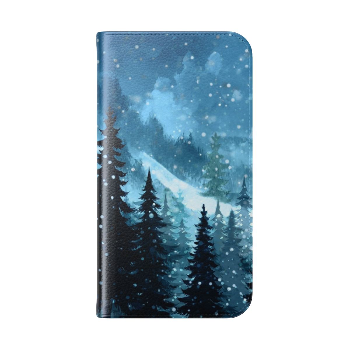 Watercolor painting of a snowy pine forest and mountains at night with snowflakes. - Folded Back