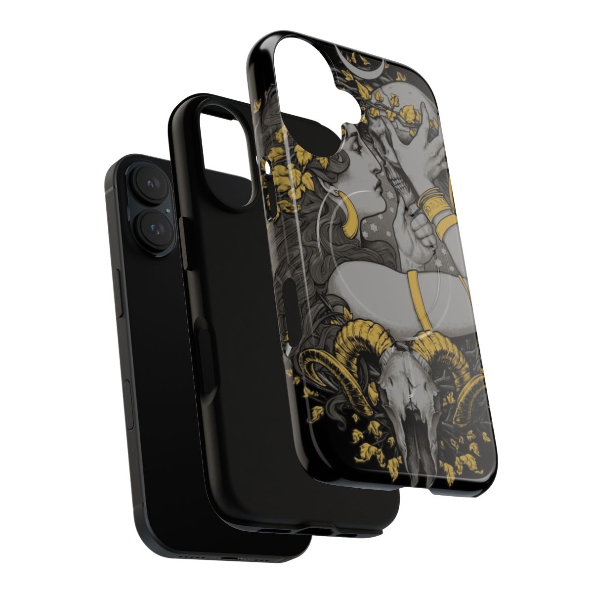 A dark and gothic-inspired magnetic phone case featuring a skull, plant, and other occult designs. - Layers