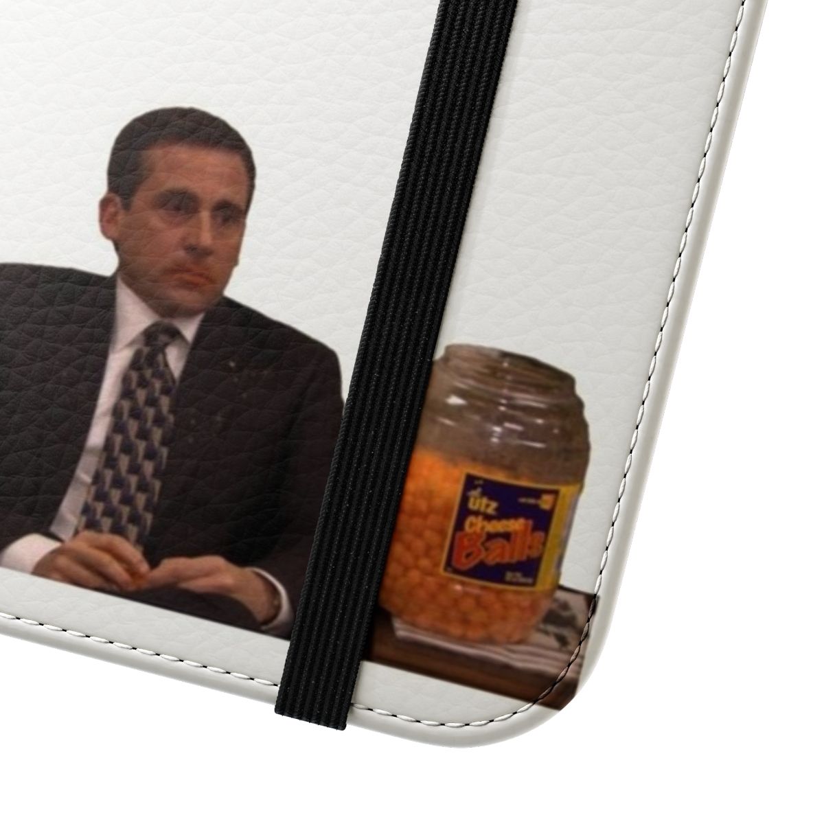 Colorful flip cover phone case featuring an illustration of Michael Scott from the TV show "The Office" holding a bag of Utz cheese puffs. - Close Up