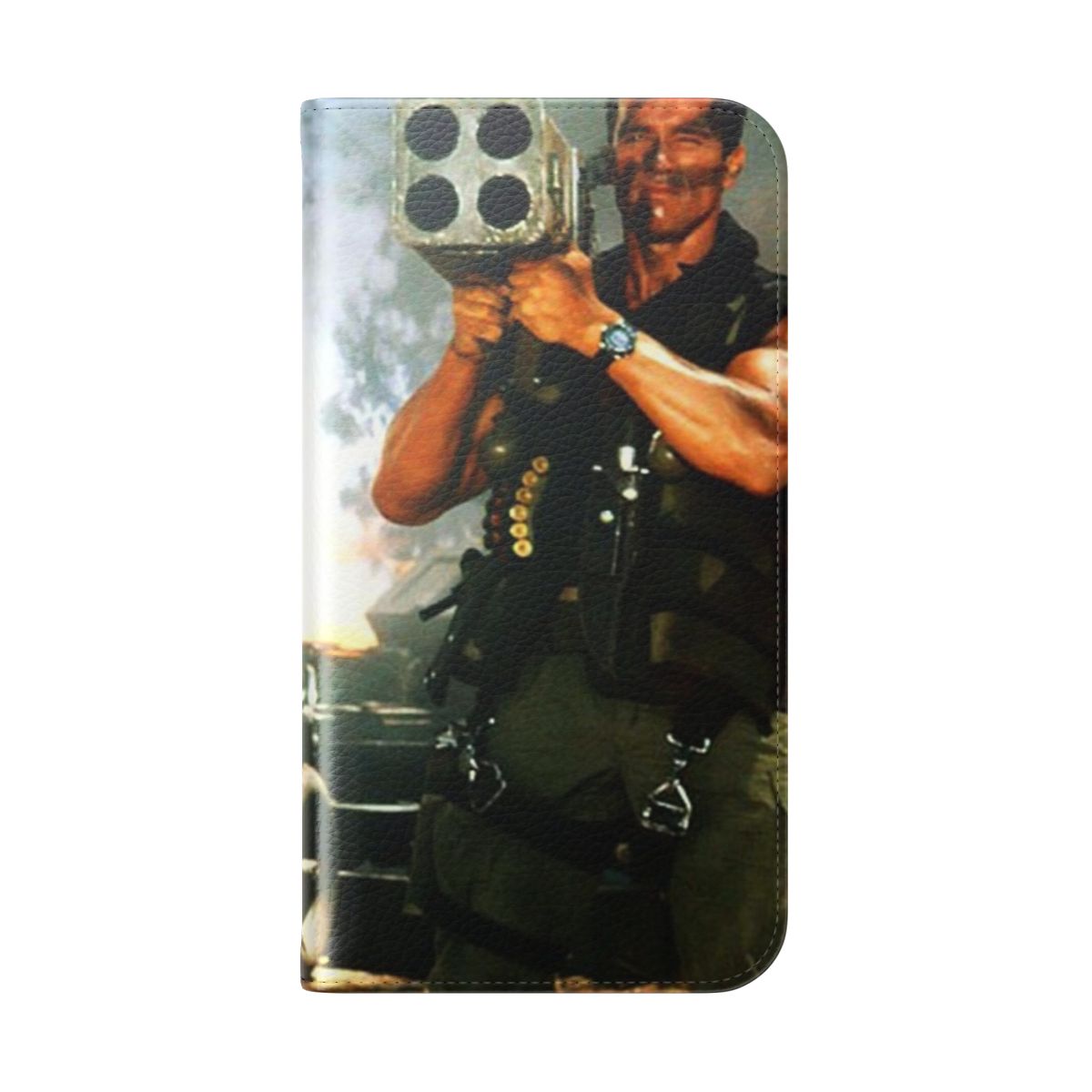 A phone case featuring a rocket launcher design inspired by Arnold Schwarzenegger's iconic role in Commando. - Folded Back