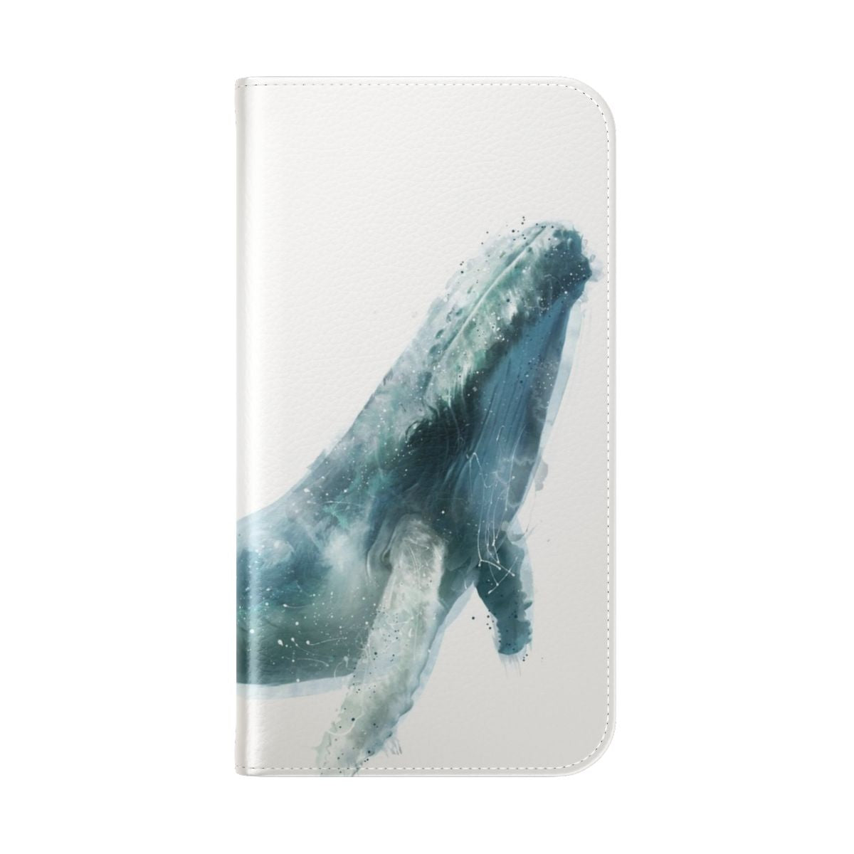 A beautiful phone case featuring a lifelike illustration of a majestic humpback whale swimming in the deep blue ocean. - Folded Back